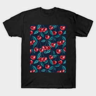 Red cherries on dark blue T-Shirt